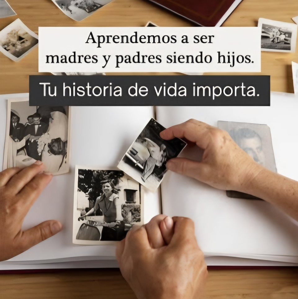 Manos que ordenan fotos antiguas en blanco y negro sobre un álbum abierto, con los textos «Aprendemos a ser madres y padres siendo hijos» y «Tu historia de vida importa»