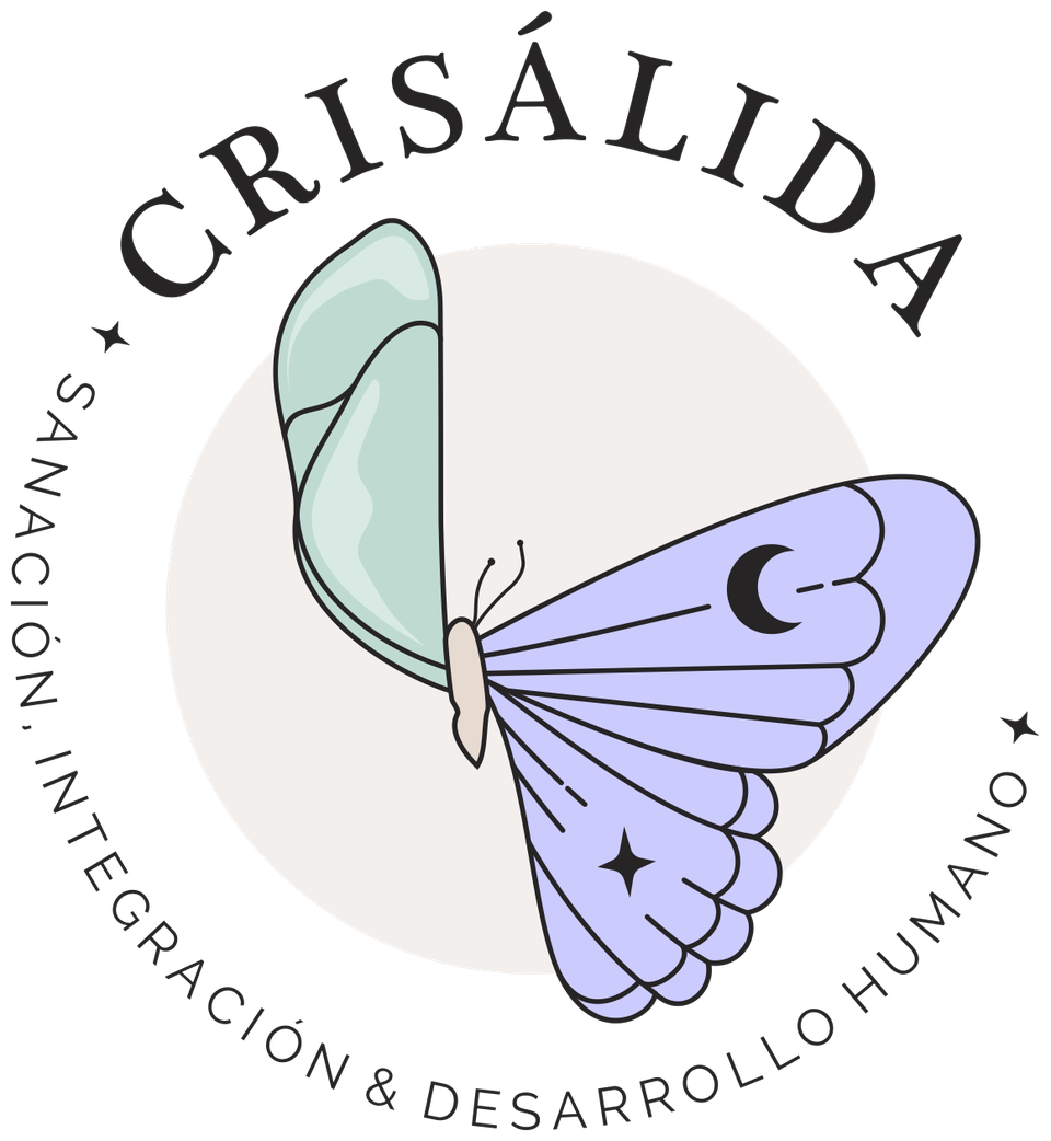 Logo de Crisálida: una mariposa de alas verde menta y lavanda, con una luna y una estrella, rodeada por las palabras sanación, integración y desarrollo humano