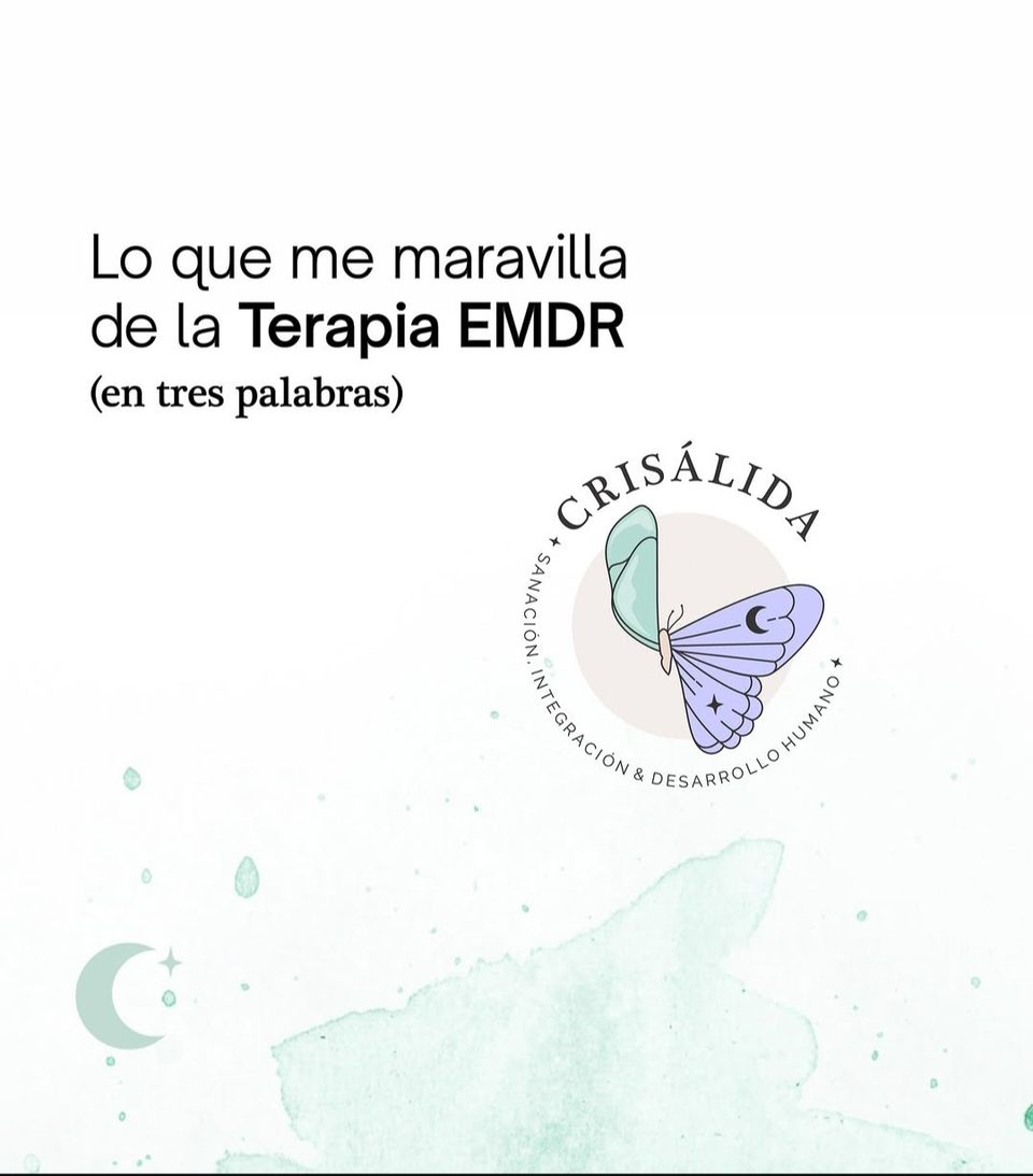 Portada con el texto «Lo que me maravilla de la Terapia EMDR (en tres palabras)», el logo de Crisálida y una acuarela verde menta con una luna